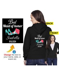 Funny Best Maid of Honor Custom Name & Wedding Date Cutomised Floral Heels & Bouquet Illustration Printed Adult Unisex Pullover Hoodie 